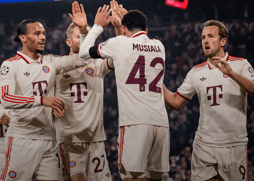 Bayern Munich players celebrated Musiala goal against Benfica in Champions League match in Munich