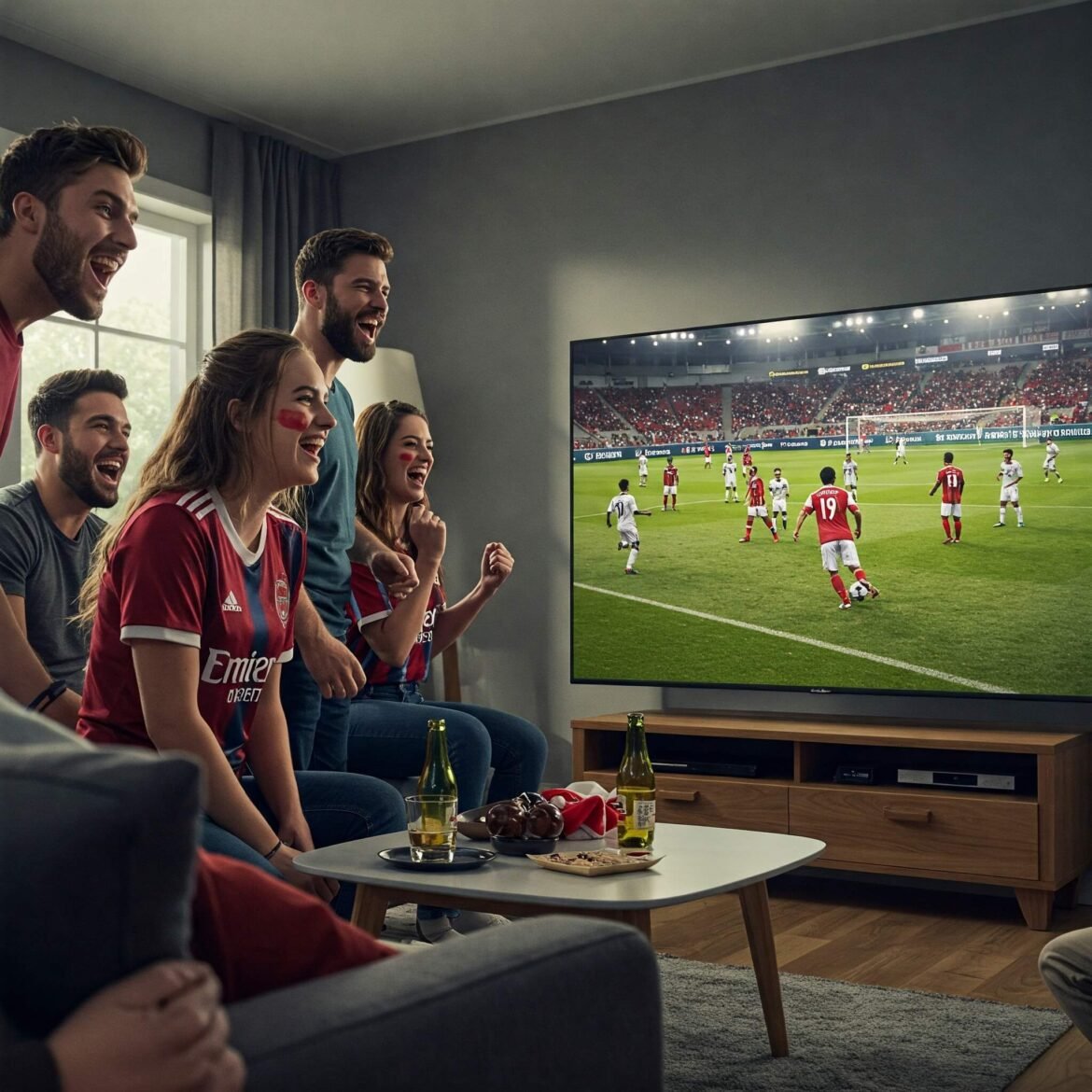 People watching live football match on TV