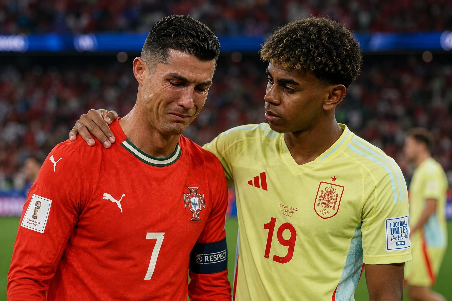 Emotional moment after Spain's 1–0 victory over Portugal at the 2026 FIFA World Cup, showing a Portuguese player being consoled by a Spanish opponent in an AI generated illustration.