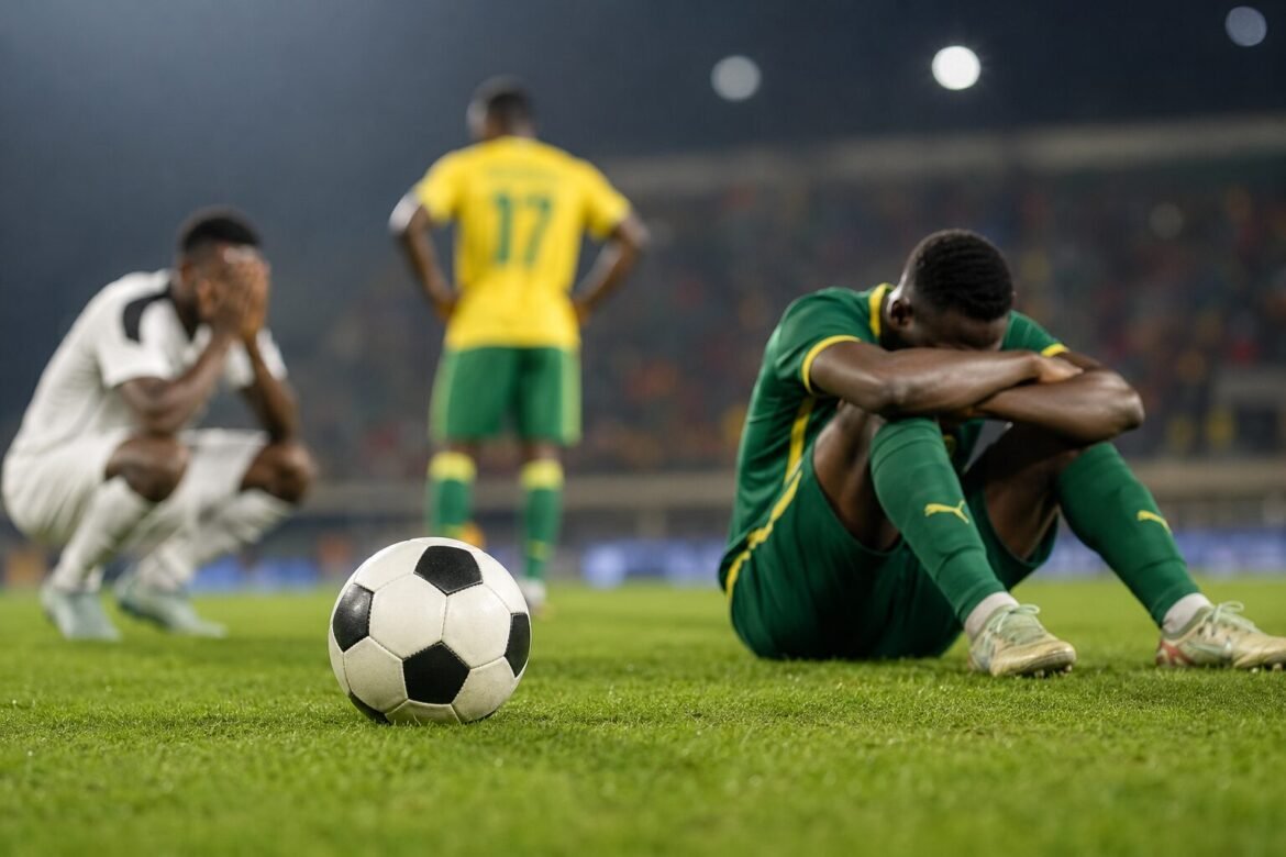 A football rests on the pitch while disappointed African players react after a late World Cup defeat, illustrating the heartbreak of losing in the closing minutes.