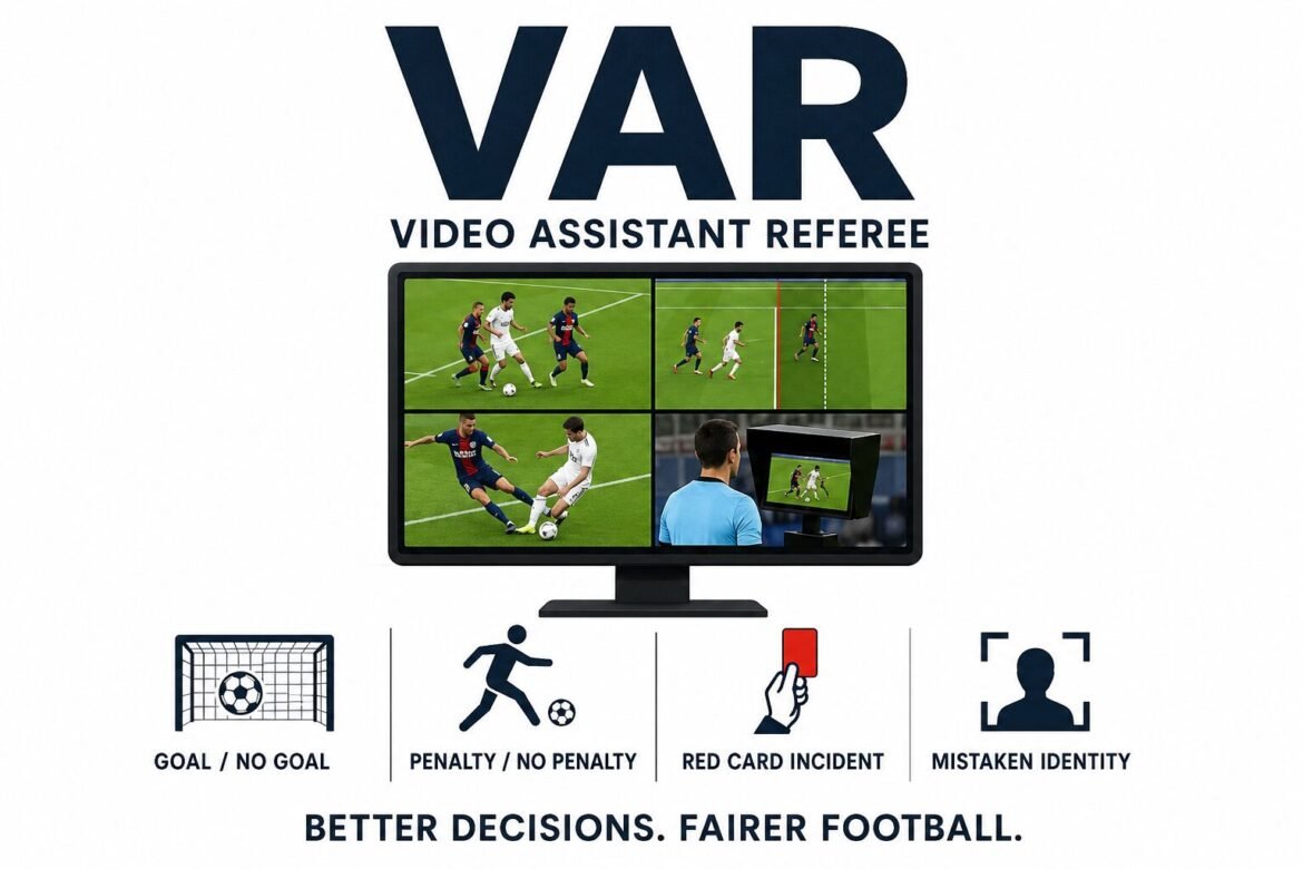 Video Assistant Referee (VAR) illustration showing football replay technology used to review offside, penalties, goals and red card decisions.