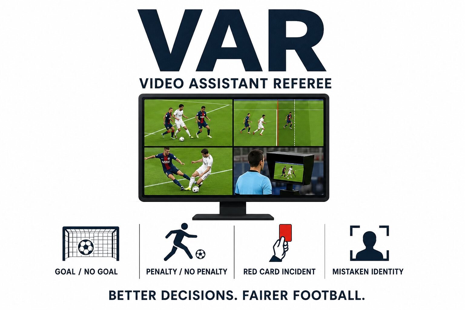 Video Assistant Referee (VAR) illustration showing football replay technology used to review offside, penalties, goals and red card decisions.