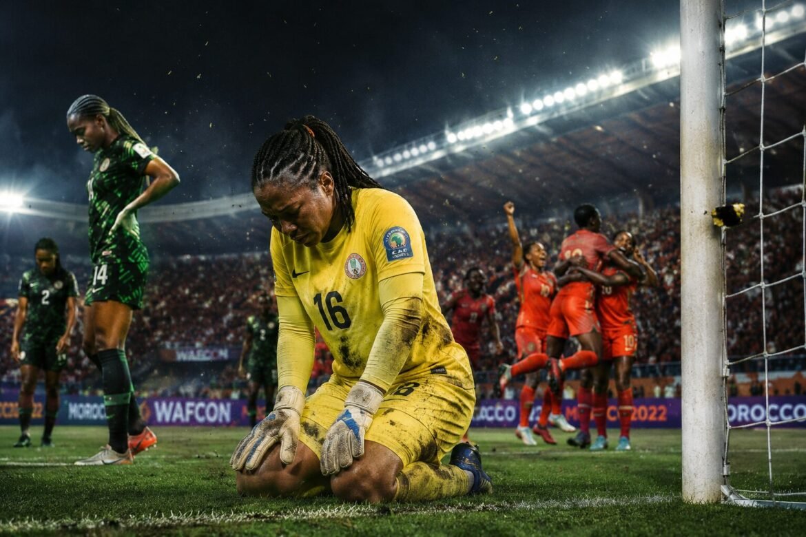 A devastated Super Falcons goalkeeper kneels inside the penalty area as Malawi players celebrate scoring during Nigeria's 3–2 defeat in the 2026 Women's Africa Cup of Nations, highlighting the defensive mistakes that proved costly.