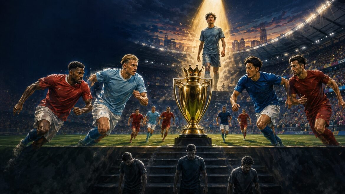 Premier League 2026/27 illustration showing the title race, top four battle, relegation contenders and emerging players.