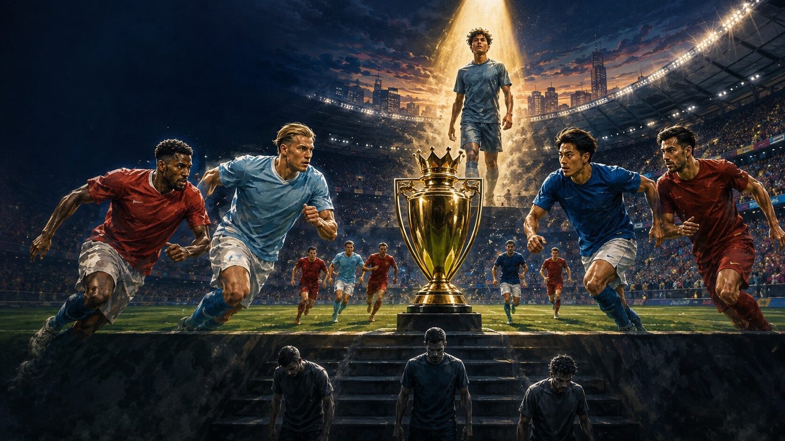 Premier League 2026/27 illustration showing the title race, top four battle, relegation contenders and emerging players.