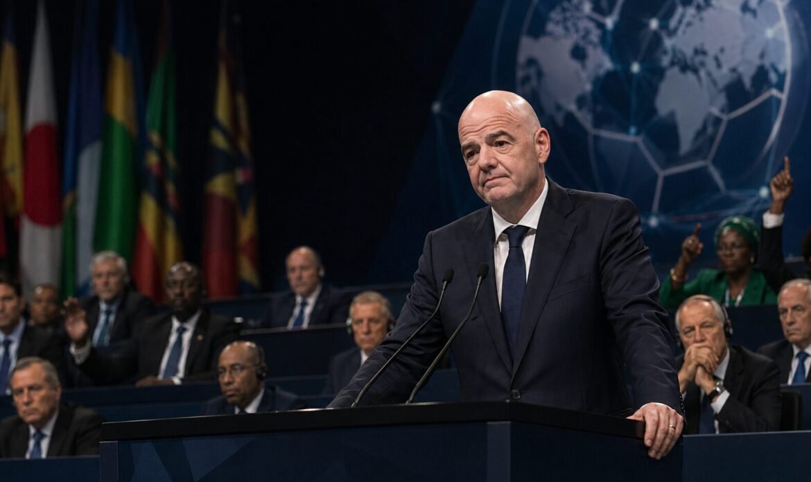 Editorial illustration of Gianni Infantino facing delegates during a contested FIFA presidential election