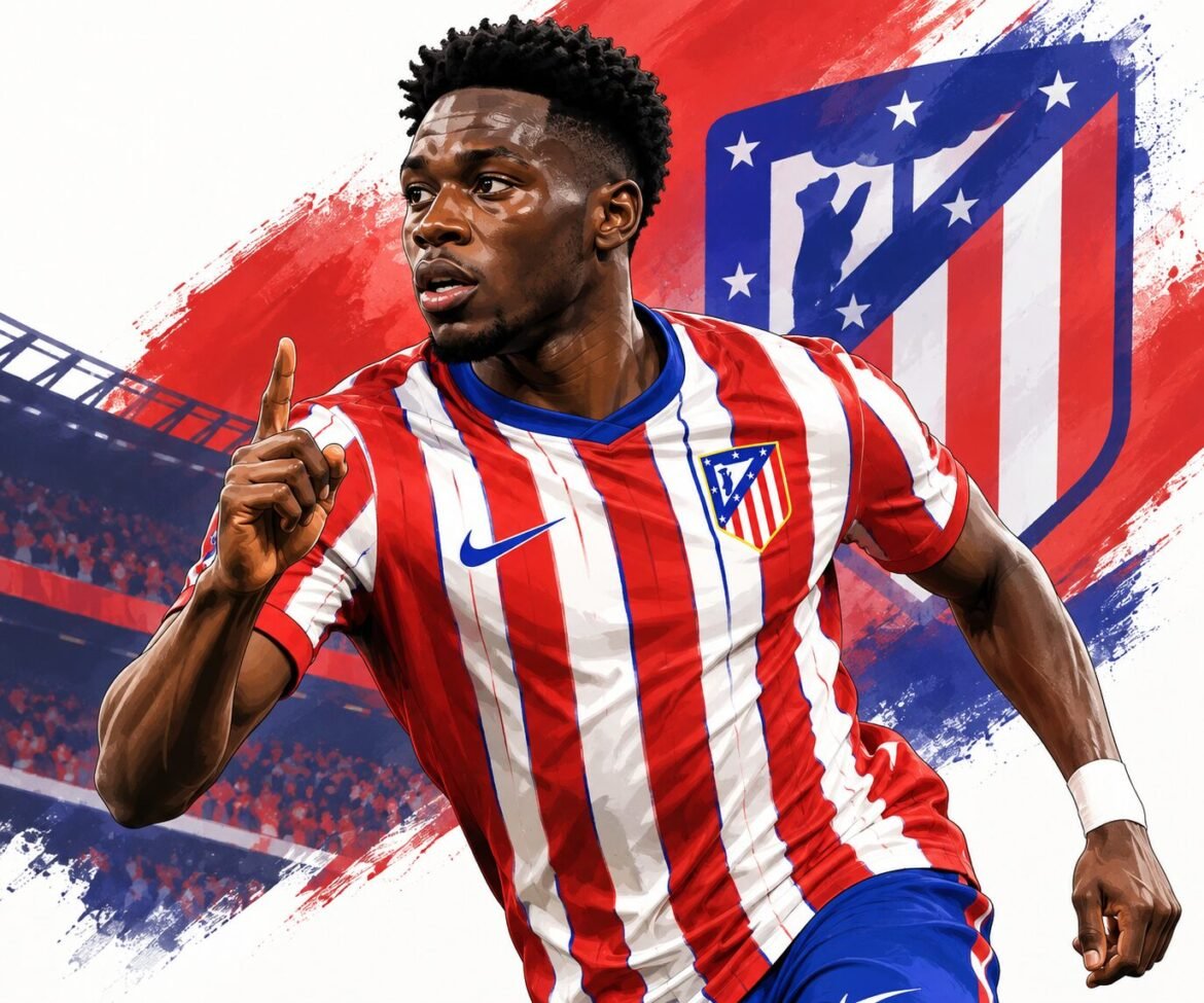 Illustration of Canadian striker Jonathan David in Atlético Madrid colours during European football action