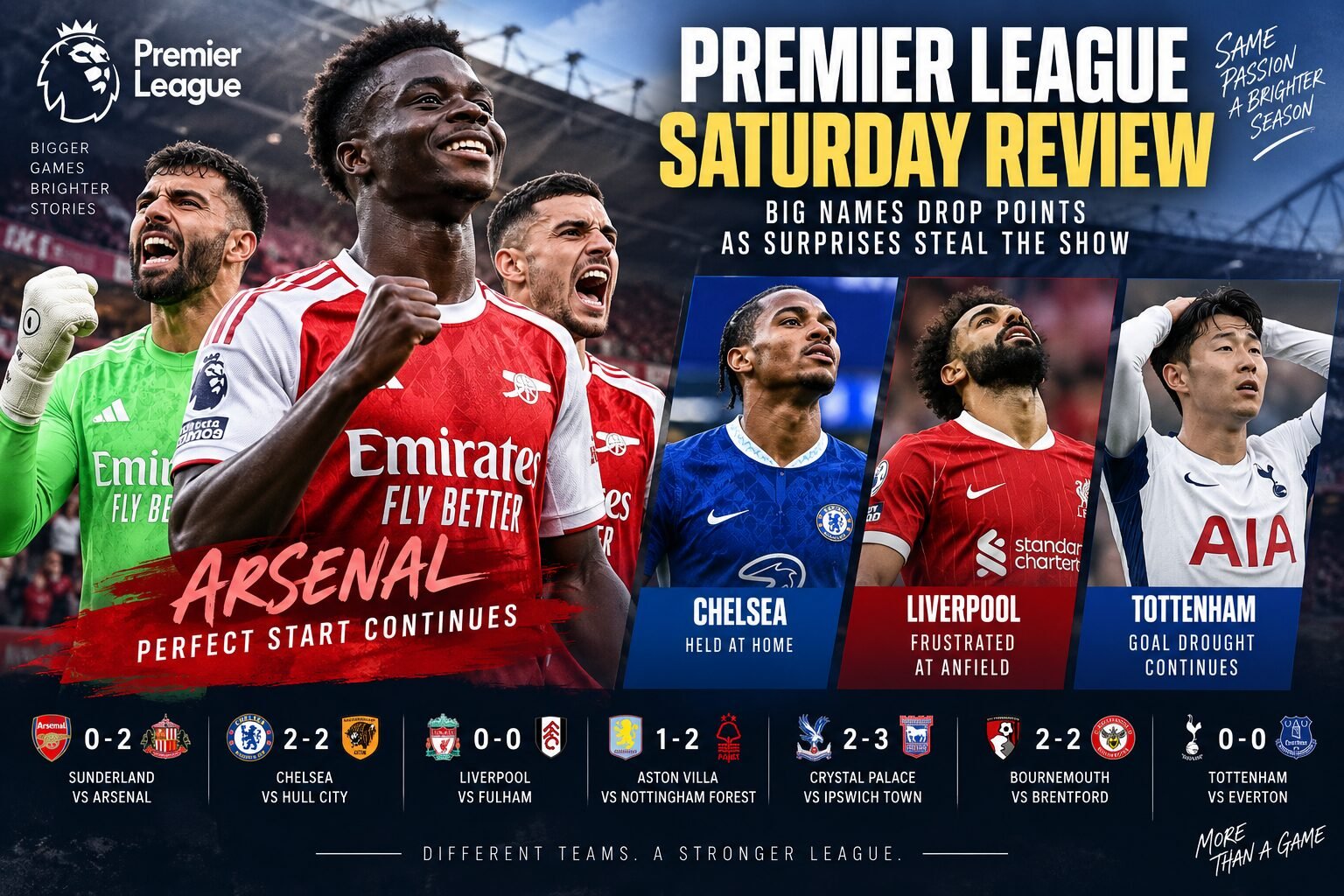 Premier League results September 12 2026 featuring Arsenal win, Chelsea draw, Liverpool draw and Tottenham held by Everton