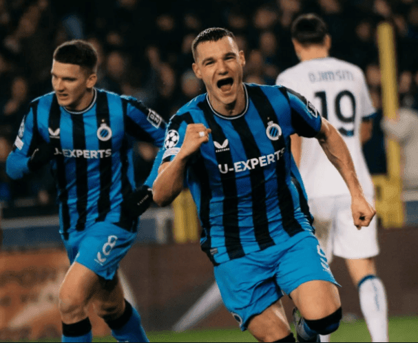 Ferran Jutgla celebrates after scoring Brugge's first goal against Atalanta